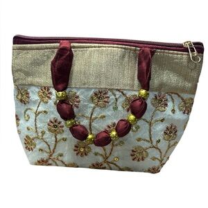 Embroidered Silk Handbag with Beaded Handle